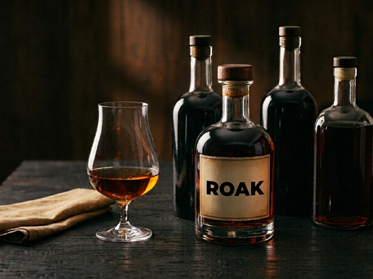 Hochwertiges Stillleben einer Flasche ROAK Rum mit beigem Etikett auf einem dunklen Holztisch, flankiert von weiteren Spirituosenflaschen, einem gefüllten Nosing-Glas und einer beigen Stoffserviette.