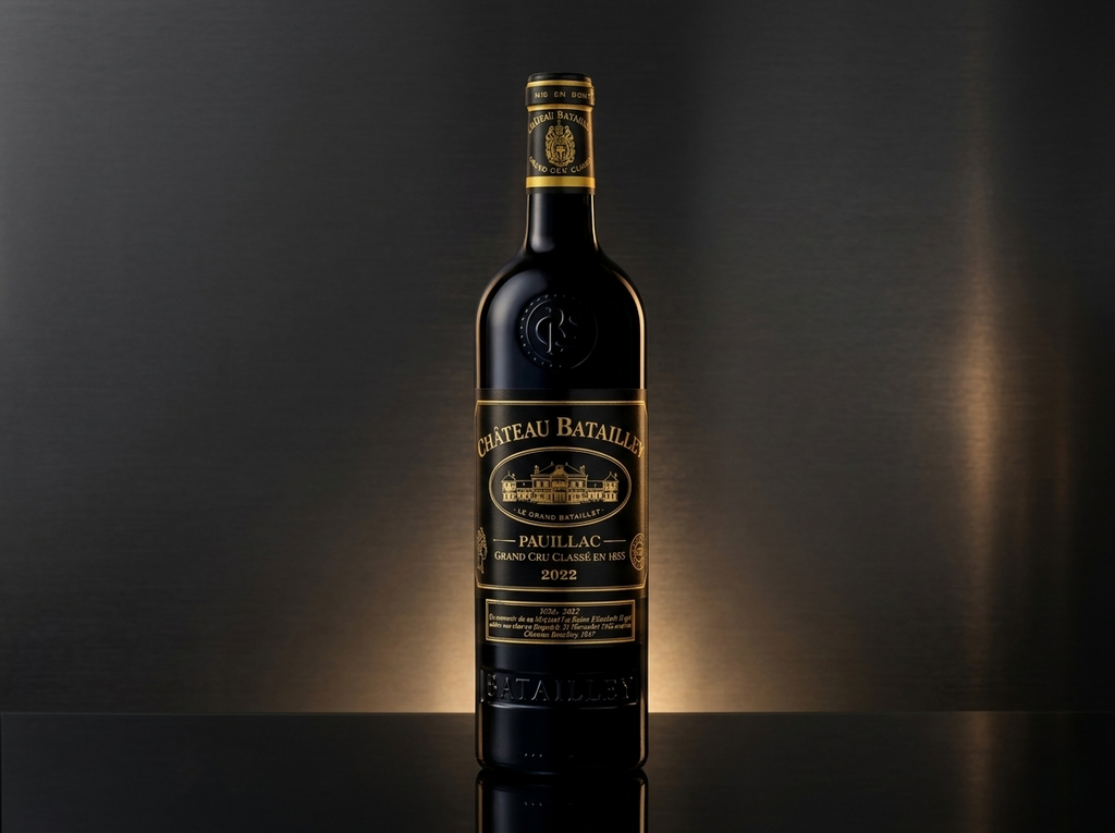 Vorderansicht der Weinflasche Château Batailley 2022, 5ème Cru Classé Pauillac, edles Etikett auf dunkler Bordeaux-Flasche.