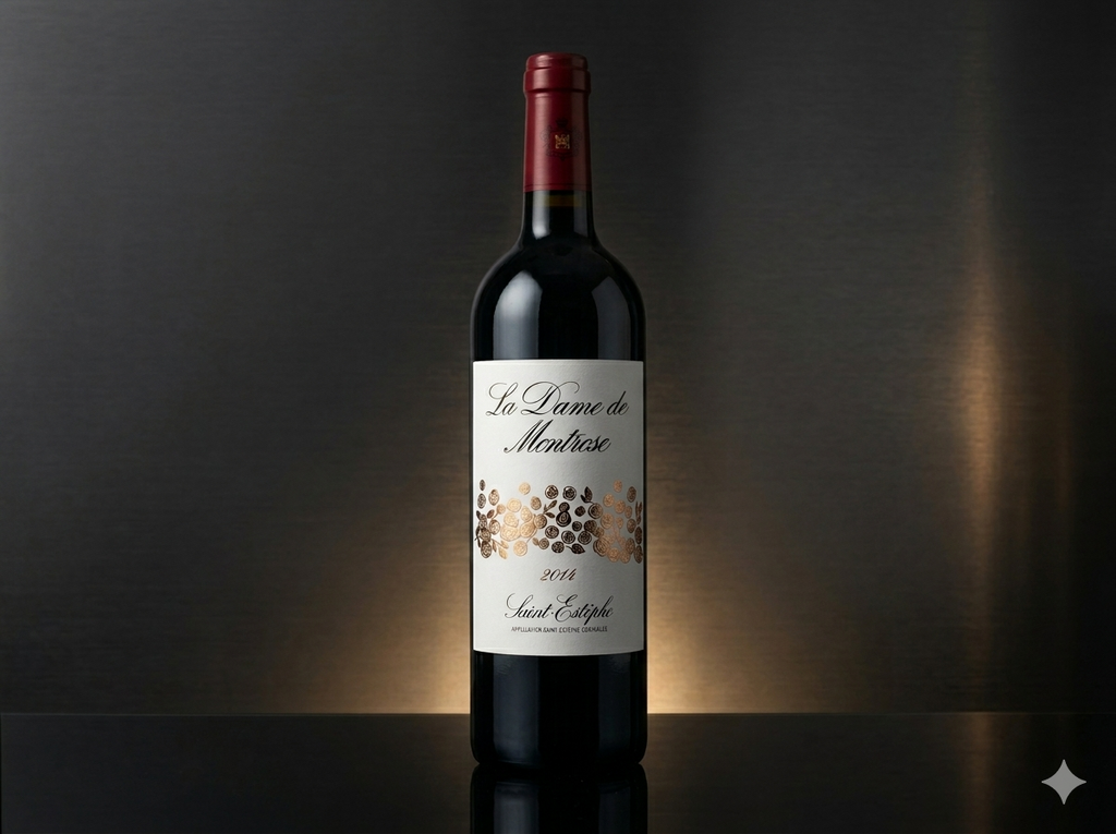 Vorderansicht der Flasche La Dame de Montrose 2014, Saint-Estèphe Bordeaux, klassisches Etikett des Zweitweins von Château Montrose.