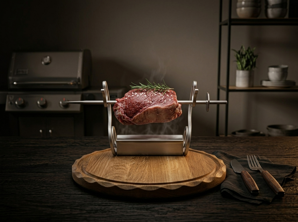 ROAK Aureum Tischgrill aus Eichenholz und Edelstahl beim Flambieren eines Steaks mit offener Flamme – Exklusives Erlebnisgrillen direkt am Esstisch.