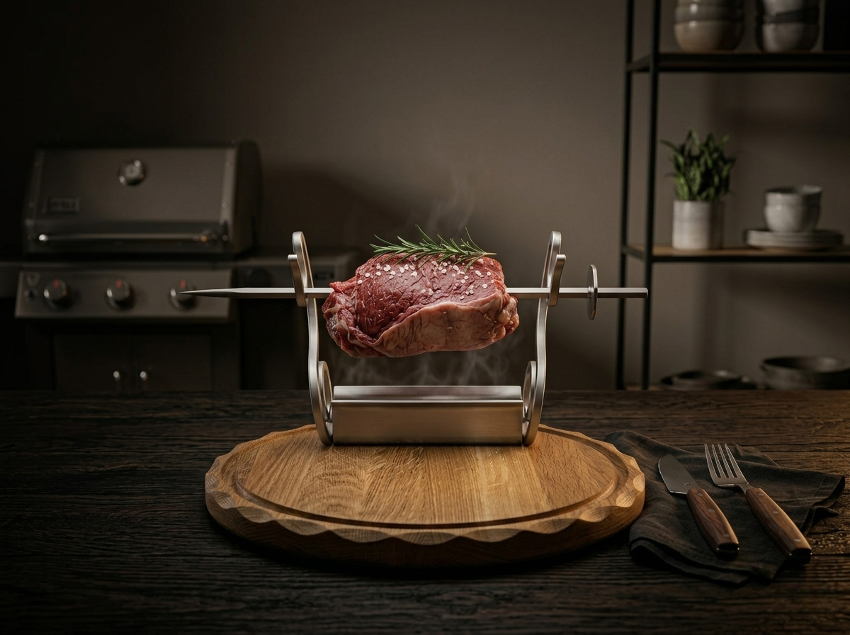 ROAK Aureum Tischgrill aus Eichenholz und Edelstahl beim Flambieren eines Steaks mit offener Flamme – Exklusives Erlebnisgrillen direkt am Esstisch.
